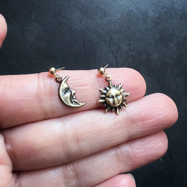 Sun & Moon Dangle Earrings • Vintage Brass Shell Stampings • Gold Filled Posts • Bright Gold or Antiqued Gold Celestial Jewelry