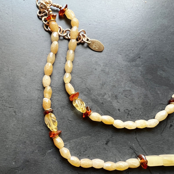 Genuine Amber and Gold Filled Adjustable Necklace Featuring Hand Carved Citrine Leaf Beads and Aventurine Beads — Boho Neutral Jewelry
