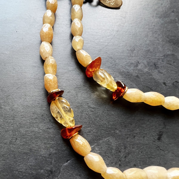 Genuine Amber and Gold Filled Adjustable Necklace Featuring Hand Carved Citrine Leaf Beads and Aventurine Beads — Boho Neutral Jewelry