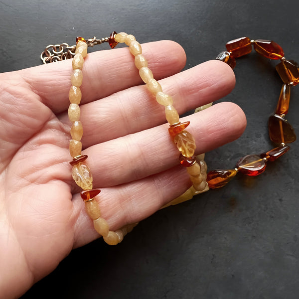 Genuine Amber and Gold Filled Adjustable Necklace Featuring Hand Carved Citrine Leaf Beads and Aventurine Beads — Boho Neutral Jewelry