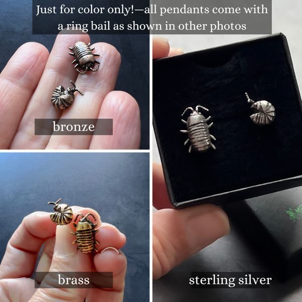 Sterling Silver, Brass, or Bronze Isopod Charm Pendant — Option to Add Your Choice of Sterling Silver Vegan Choker or Necklace