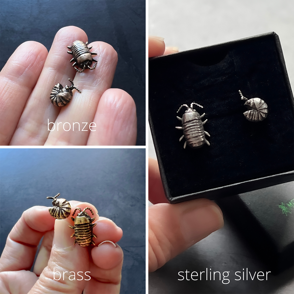 Mismatched Handmade Sterling Silver Isopod Stud Earrings — Also Available in Brass or Bronze!