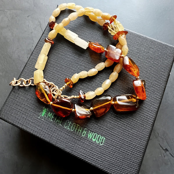 Genuine Amber and Gold Filled Adjustable Necklace Featuring Hand Carved Citrine Leaf Beads and Aventurine Beads — Boho Neutral Jewelry