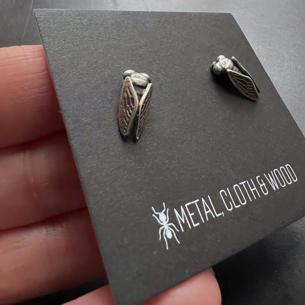 Hand Cast Sterling Silver Cicada Stud Insect Earrings – Also Available in Bronze, or Brass, or Silver with 14k Wings – Nature Jewelry