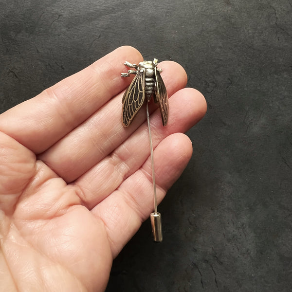 Sterling Silver and Brass Cicada Stick Pin with Four Articulated Wings — Unique Handcrafted Gift for Insect and Nature Lovers — Bug Jewelry