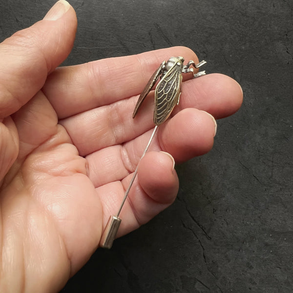 Sterling Silver and Brass Cicada Stick Pin with Four Articulated Wings — Unique Handcrafted Gift for Insect and Nature Lovers — Bug Jewelry