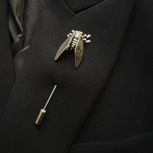 Sterling Silver and Brass Cicada Stick Pin with Four Articulated Wings — Unique Handcrafted Gift for Insect and Nature Lovers — Bug Jewelry