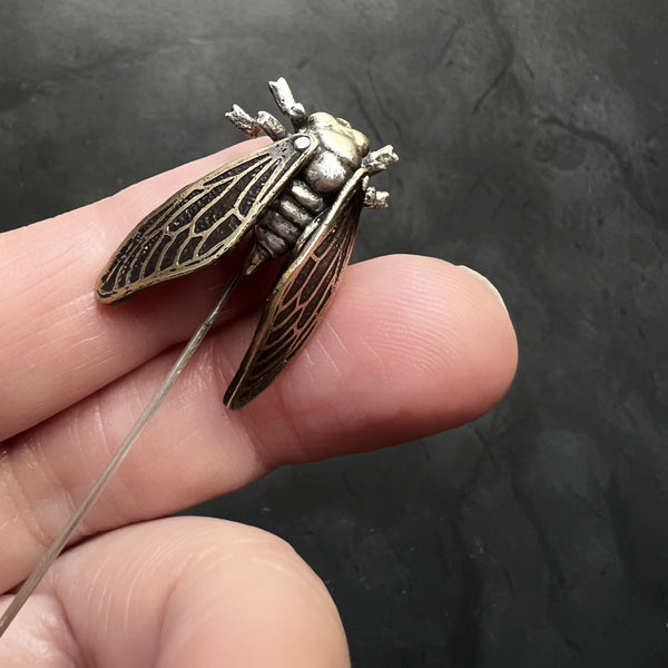 Sterling Silver and Brass Cicada Stick Pin with Four Articulated Wings — Unique Handcrafted Gift for Insect and Nature Lovers — Bug Jewelry