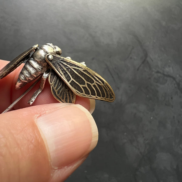 Sterling Silver and Brass Cicada Stick Pin with Four Articulated Wings — Unique Handcrafted Gift for Insect and Nature Lovers — Bug Jewelry