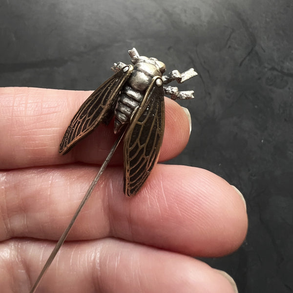 Sterling Silver and Brass Cicada Stick Pin with Four Articulated Wings — Unique Handcrafted Gift for Insect and Nature Lovers — Bug Jewelry