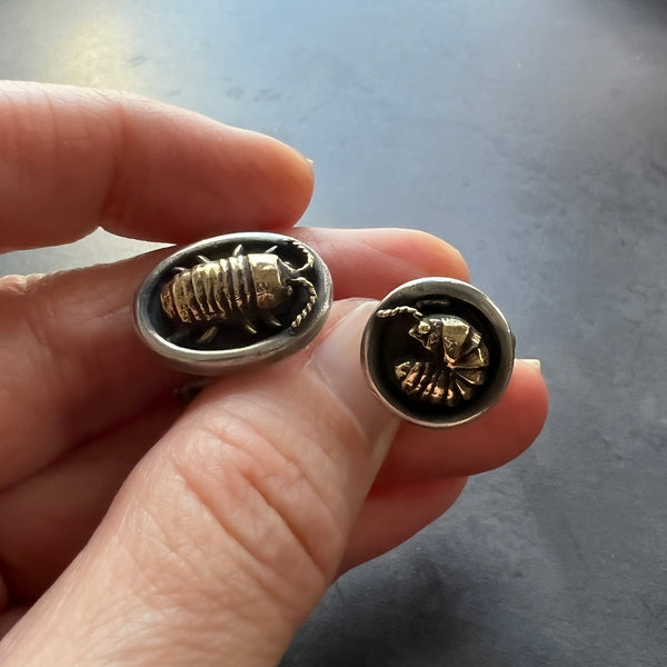 Pair of Mismatched Sterling Silver Cufflinks with Brass Isopods -- Unisex or Men's Cuff Links for Groom, Father of the Bride, or Groomsmen