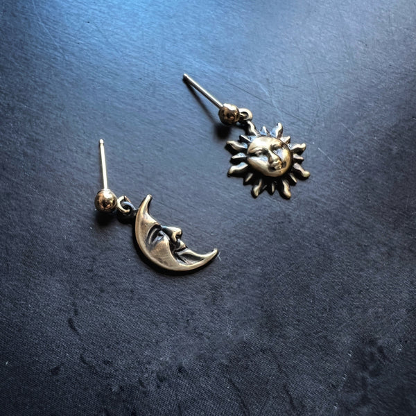 Sun & Moon Dangle Earrings • Vintage Brass Shell Stampings • Gold Filled Posts • Bright Gold or Antiqued Gold Celestial Jewelry