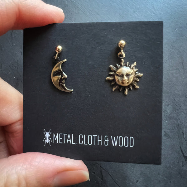 Sun & Moon Dangle Earrings • Vintage Brass Shell Stampings • Gold Filled Posts • Bright Gold or Antiqued Gold Celestial Jewelry