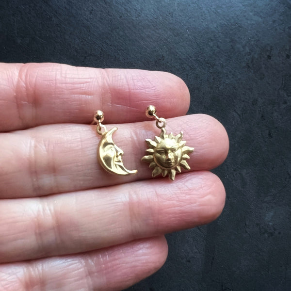 Sun & Moon Dangle Earrings • Vintage Brass Shell Stampings • Gold Filled Posts • Bright Gold or Antiqued Gold Celestial Jewelry