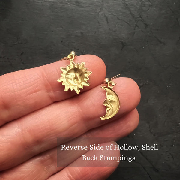 Sun & Moon Dangle Earrings • Vintage Brass Shell Stampings • Gold Filled Posts • Bright Gold or Antiqued Gold Celestial Jewelry