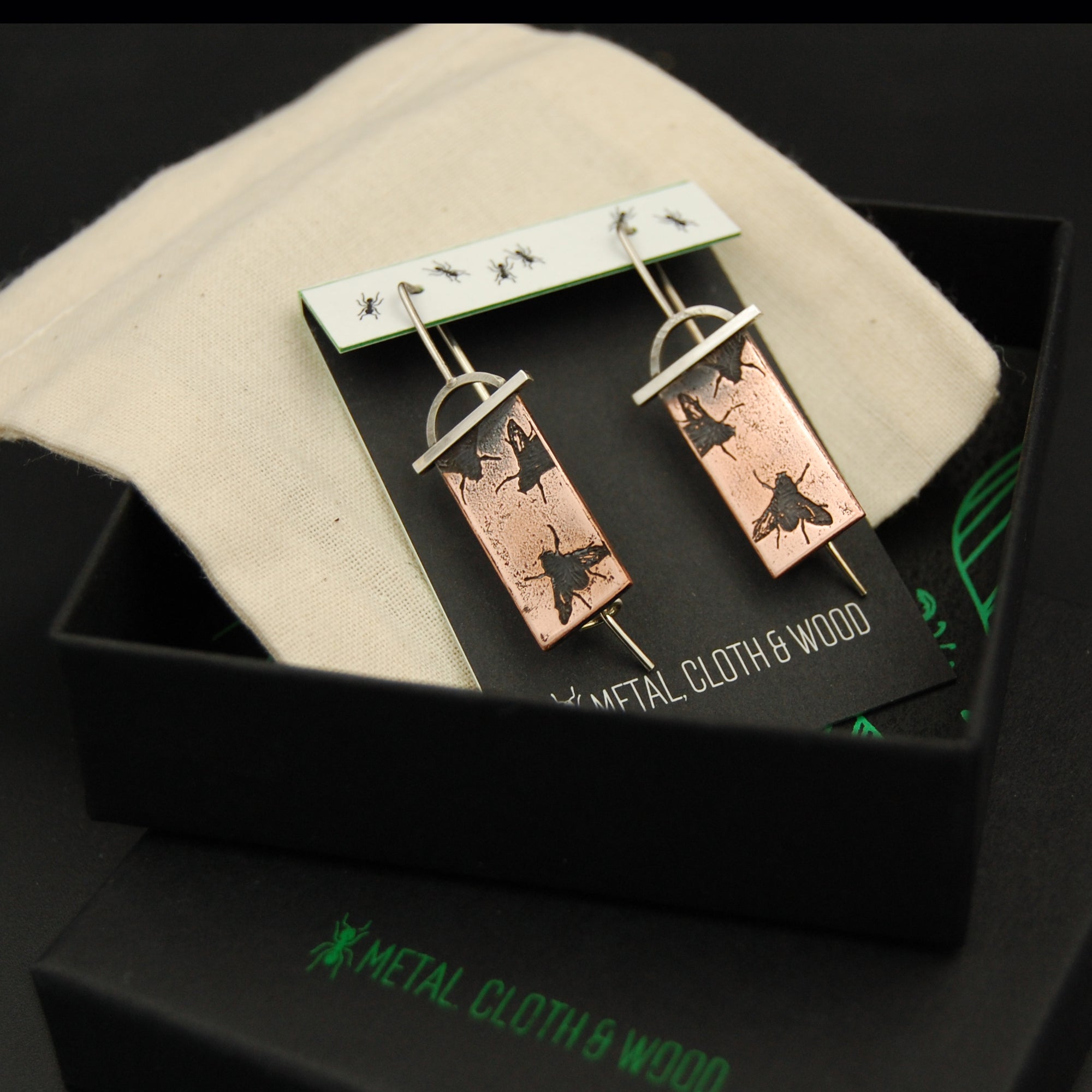 Handmade Fly Earrings in Copper & Sterling Silver, Insect Earring Fly Jewelry for Entomologist Gift