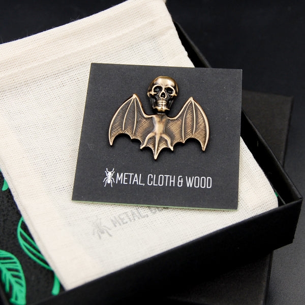 Handmade Flying Bat with Human Skull Pin, Unique Brooch Perfect for Halloween