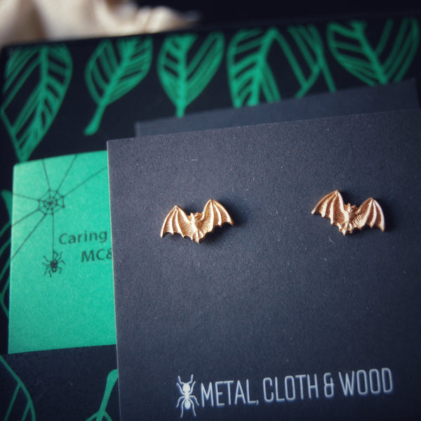 Bat Stud Earrings with Brass Bats and Gold Filled Posts and Earring Backs -- Available in Bright Gold and Antiqued Brass Finishes