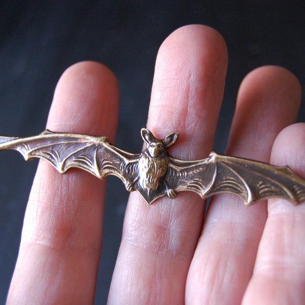 Extra Wide Gothic Brass Vampire Bat Brooch — Available in Both Bright Gold and Antiqued Brass Finishes
