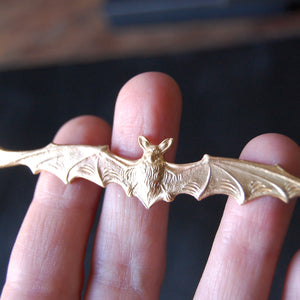 Extra Wide Gothic Brass Vampire Bat Brooch — Available in Both Bright Gold and Antiqued Brass Finishes