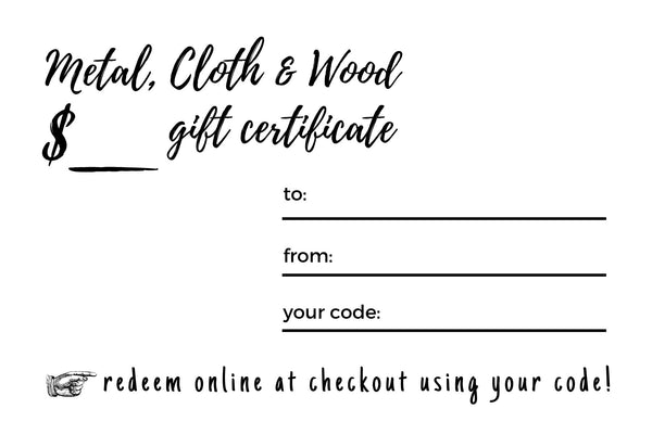 Metal, Cloth & Wood "A Special Gift" eGift Card