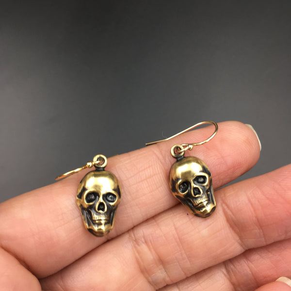 Gothic Handmade Brass & Gold Skull Dangle Earrings