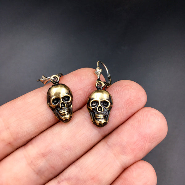 Gold Skull Dangle Earrings -- Handmade Cute Goth Brass Skull Drop Earrings with Gold Filled Leverbacks