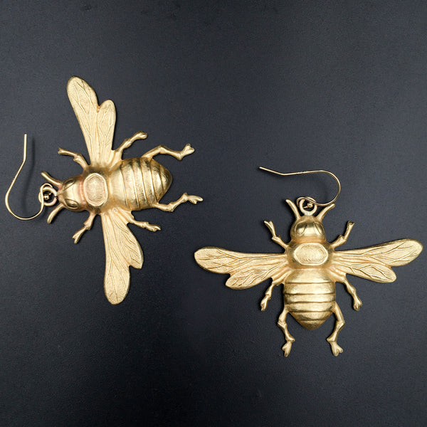 Antiqued Brass or Bright Gold Brass Bee Insect Earrings with Gold Filled Ear Wires