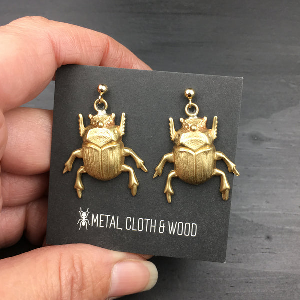 Brass Scarab Beetle Earrings with Gold Filled Ball Post Earrings and Earring Backs