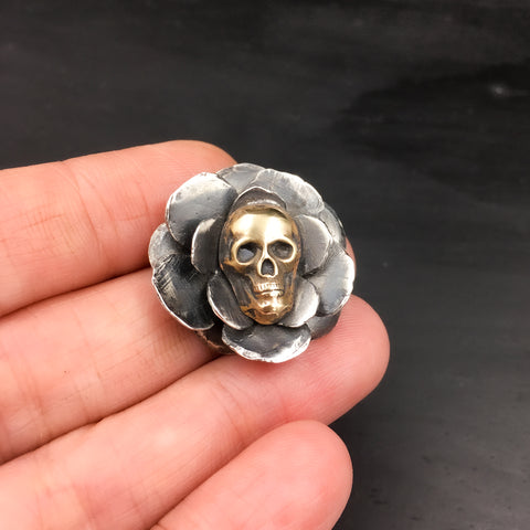 Handcrafted Sterling Silver Rose Brooch with Brass Skull