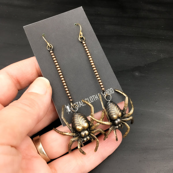 Gothic Brass and Gold Spider Dangle Earrings