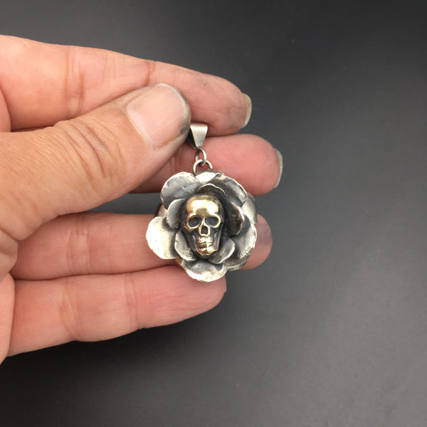 Handcrafted Sterling Silver Rose Pendant with Brass Skull