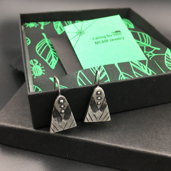 Sterling Silver Primitive Geometric Drop Earrings — Hand Carved Design Made in Certified Eco-Friendly Recycled 925 Sterling Silver