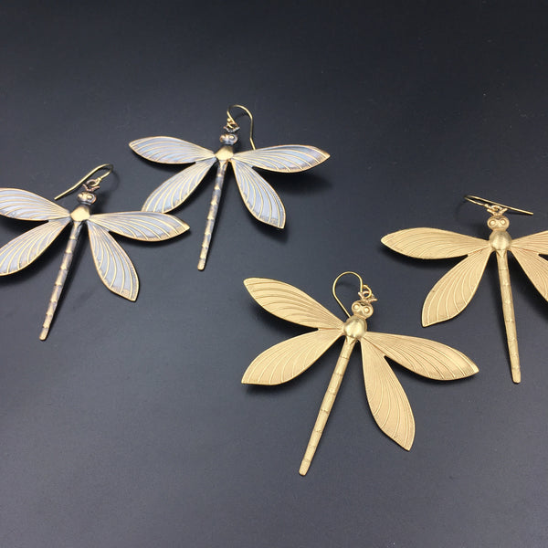 Brass Dragonfly Insect Earrings -- Available in Antiqued or Bright Gold!