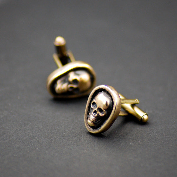 Antiqued Gold Skull Cufflinks -- Unisex Cuff Links for Groom or Father of the Bride or Groomsmen