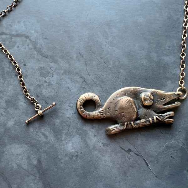 Bronze Hand Carved Opossum Necklace Featuring Hand Fabricated Toggle and Smooth Cable Chain -- Possum Statement Necklace
