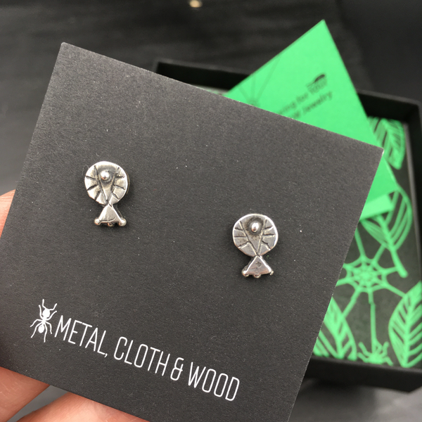 Tiny Sterling Silver Primitive Geometric Stud Earrings — Hand Carved Design Made in Certified Green 925 Sterling Silver