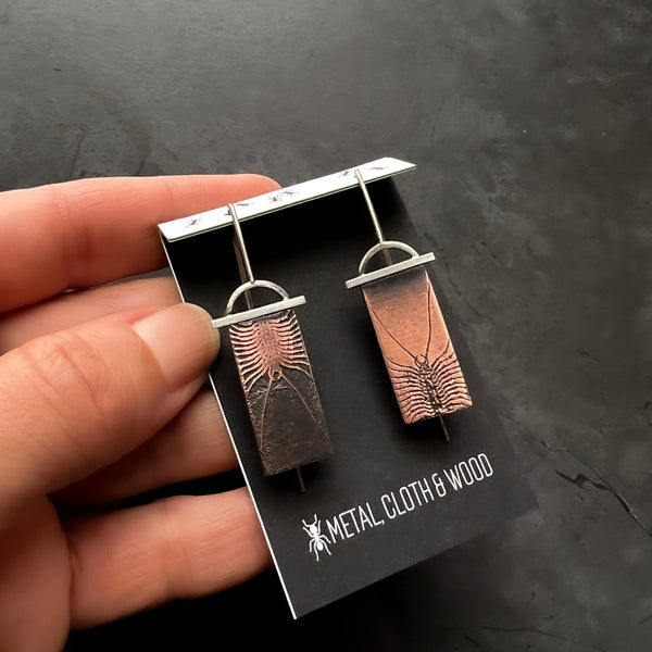 handmade copper and sterling silver centipede earrings