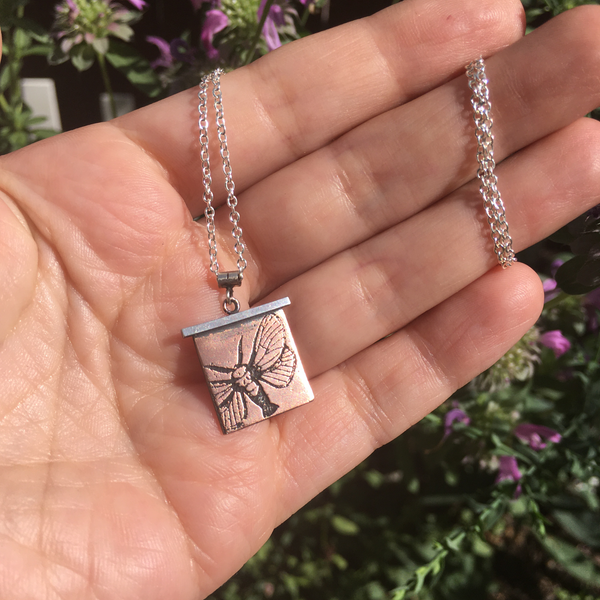 Handmade Hummingbird Moth Insect Necklace in Sterling Silver & Copper