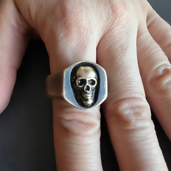 Chunky Bronze Skull Signet Ring — Hand Carved Ring Design in Bronze Featuring Brass Skull