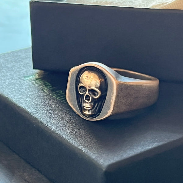 Chunky Bronze Skull Signet Ring — Hand Carved Ring Design in Bronze Featuring Brass Skull