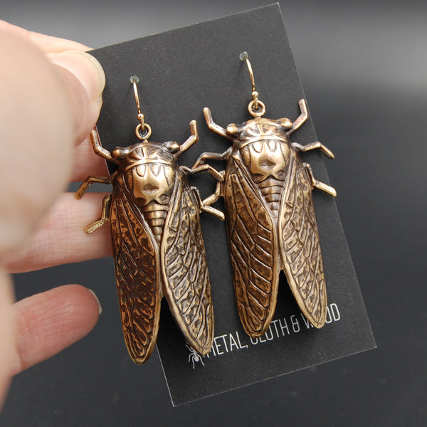 Brass and Gold Cicada Insect Earrings