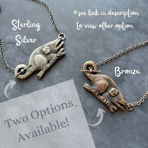 Bronze Hand Carved Opossum Necklace Featuring Hand Fabricated Toggle and Smooth Cable Chain -- Possum Statement Necklace