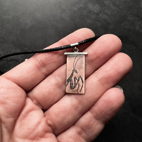 Adjustable Vegan Choker with Copper and Silver Praying Mantis Insect Pendant — 13" Choker with 3" Sterling Silver Extension Chain