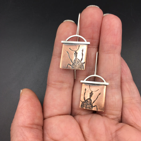 Handmade Copper and Sterling Silver Weevil Insect Earrings