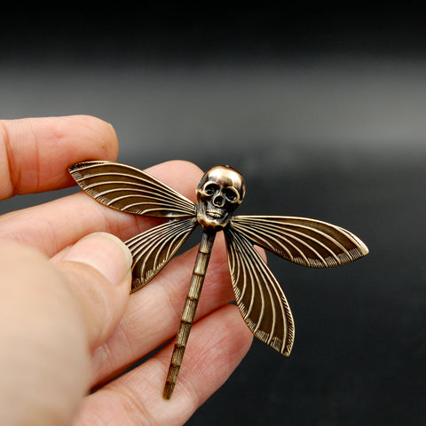 Handmade Flying Skull Pin with Dragonfly Body, Unique Brooch Perfect for Halloween