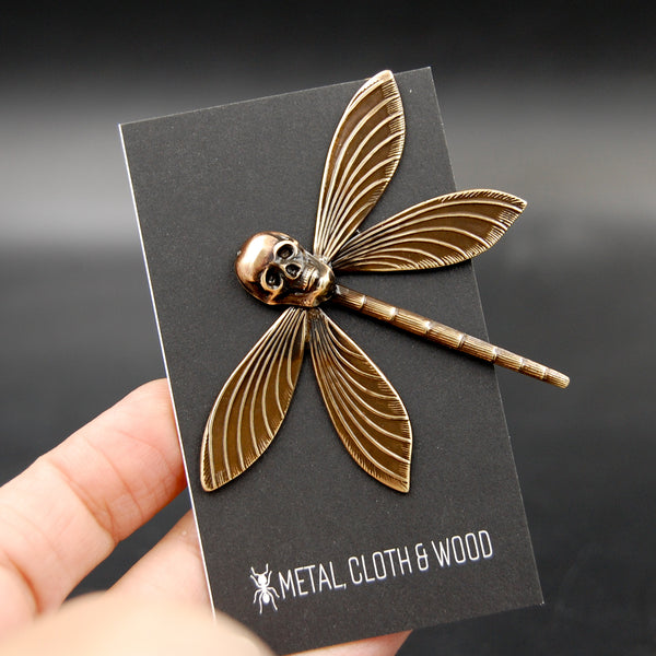 Handmade Flying Skull Pin with Dragonfly Body, Unique Brooch Perfect for Halloween
