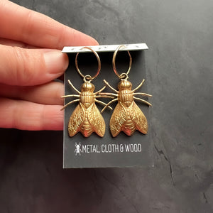 Insect Charm Hoop Earrings with Gold Filled Hoops and Option of Brass Flies, Cicadas, or Dragonflies in a Bright Gold or Antiqued Finish!