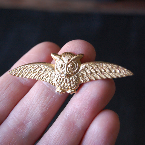 Golden Brass Horned Owl Brooch Pin Available in Both Bright Gold and Antiqued Brass Finishes
