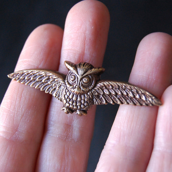 Golden Brass Horned Owl Brooch Pin Available in Both Bright Gold and Antiqued Brass Finishes